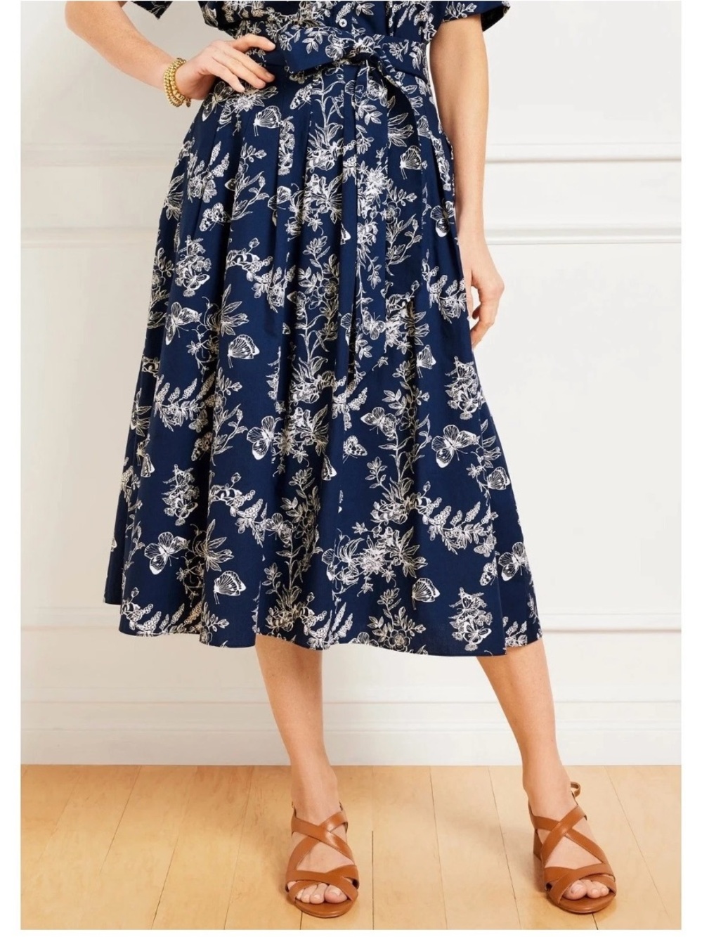 NWT Talbots Piper Pleated Butterfly Floral Navy White Midi Skirt Preppy Sz 12P